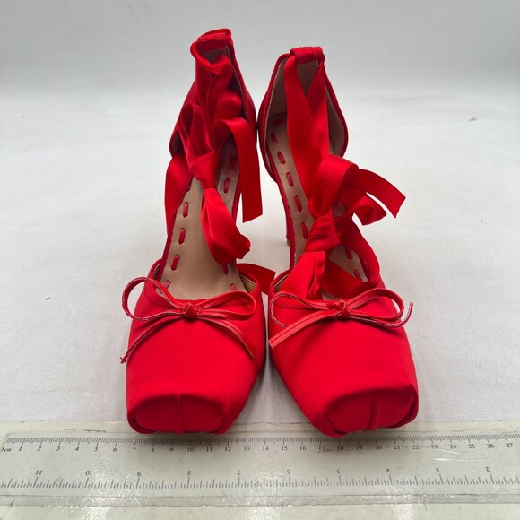 XYD Red Ribbon Lace-up Pumps Square Toe Ankle Strappy Bowknot Prom Shoes - Picture 2 of 7